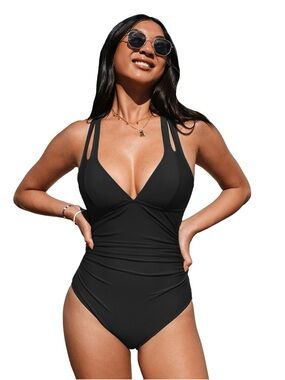 Cupshe NWT Black Double-Strap V-Neck One-Piece Swimsuit